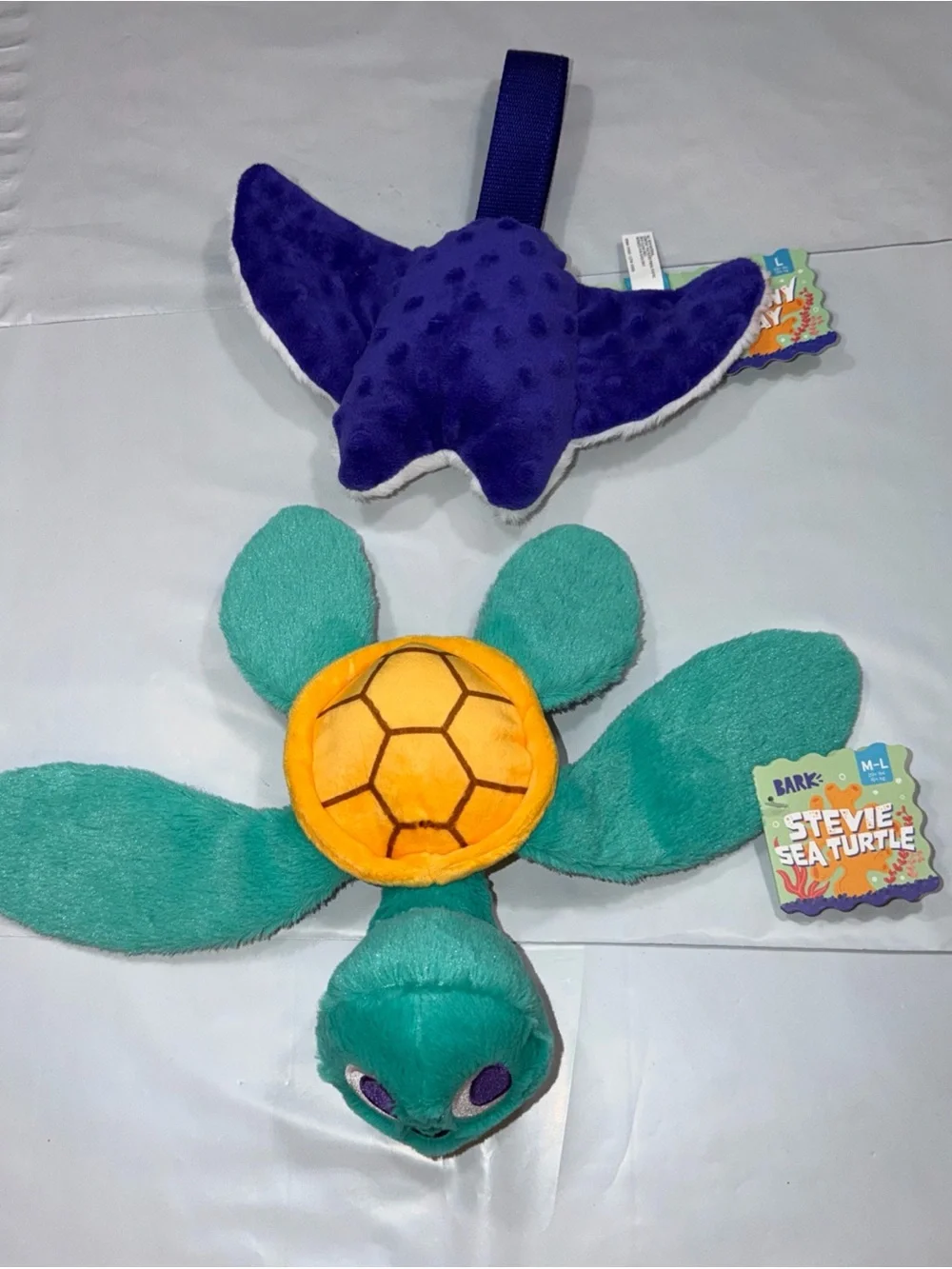 BARK DOG TOYS Steve Sea turtle,  Manny Sting Ray NEW 2 Squeaky Plush Toys M Lg